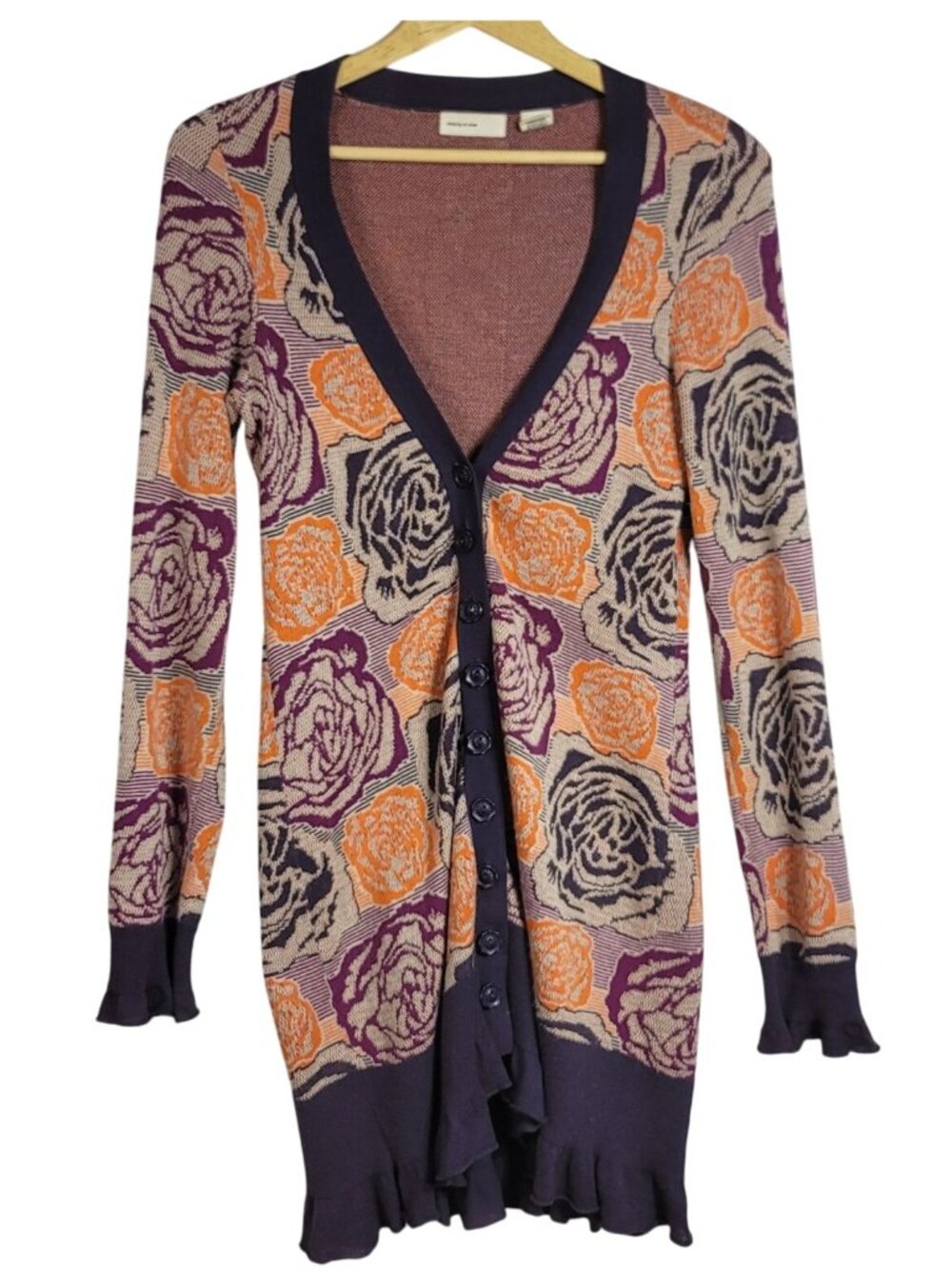 Anthropologie Sleeping On Snow Cardigan Purple Small Blooming Jacquard Sweater